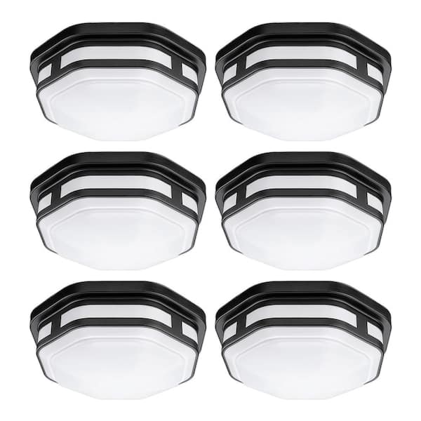 ETI LIGHTING 11 in. Octagon Black Indoor Outdoor LED Flush Mount 830 Lumens Wet Rated Adjustable CCT 3000K 4000K 5000K (6-Pack)