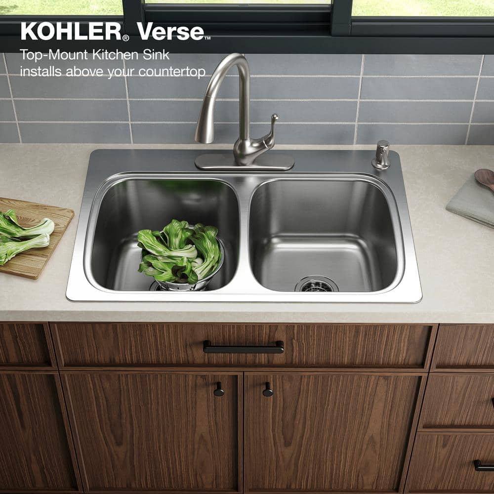 33'' Brushed Stainless Steel Double Bowl Drop-In Kitchen Sink