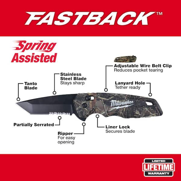 FASTBACK Camo Stainless Steel Spring Assisted Folding Knife with 2.95 in. Blade with Compact Knife Sharpener (2-Piece)