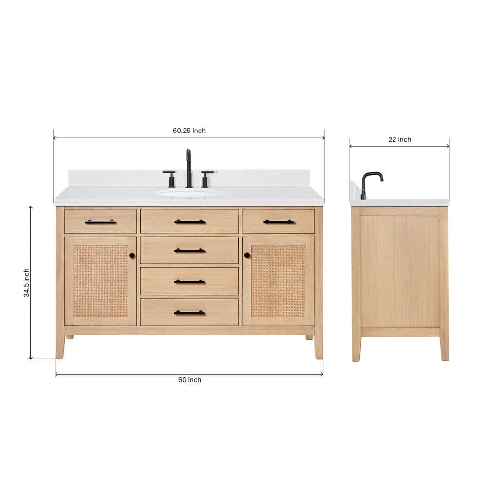 Camila 60" Light Brown Oak Freestanding Bathroom Vanity with Quartz Top