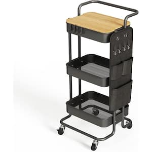 3-Tier Black Metal Kitchen Cart with Table Top and Side Bags, Tray Storage Organizer Wheels