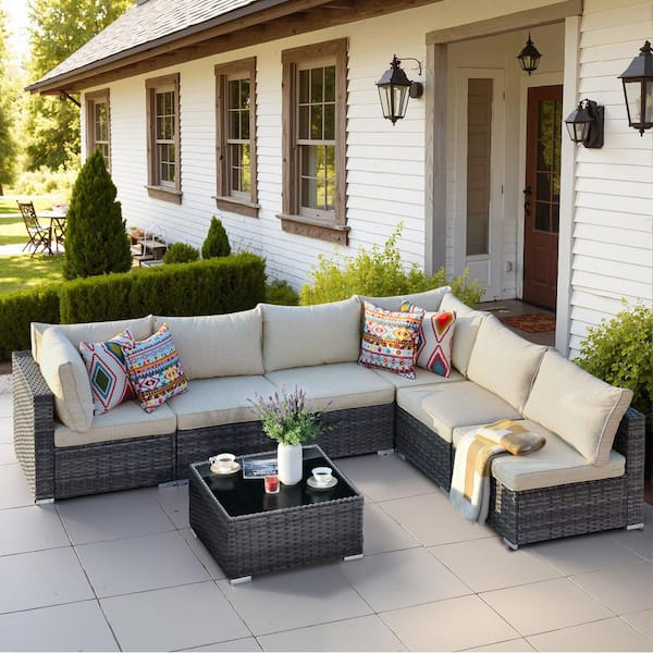 OVIOS HOPPISH Gray 7-Piece Wicker Patio Conversation Set with Beige Cushions