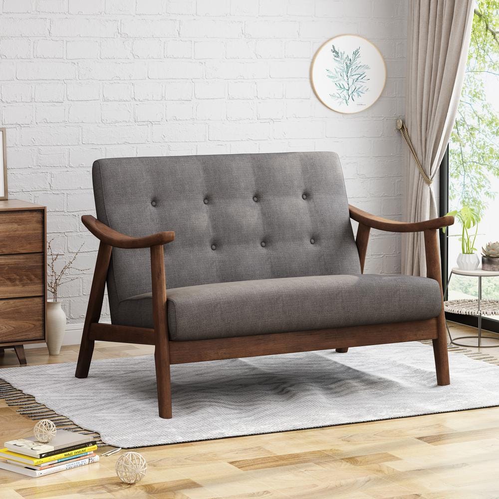 Dark Gray Tufted Fabric Settee with Wood Frame
