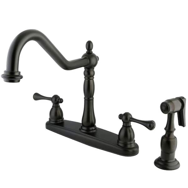 Kingston Brass English Vintage 2-Handle Deck Mount Centerset Kitchen Faucets with Side Sprayer in Oil Rubbed Bronze