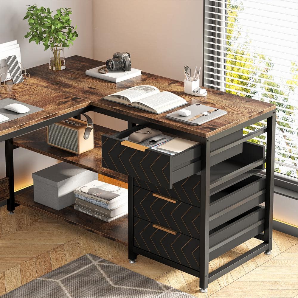 Brown L-Shaped Computer Desk with Drawers and Shelves