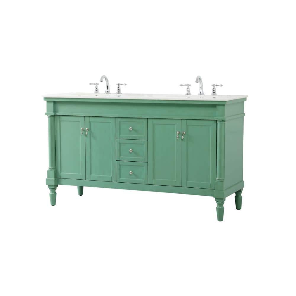 Vintage Mint Double Freestanding Bathroom Vanity with Marble Top