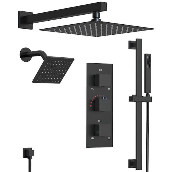 Zenith Rain Wall Mount Triple Handle 5-Spray 12 in. and 6 in. Shower Faucet 2.5 GPM with High Pressure in Matte Black