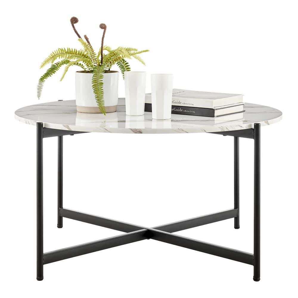 35" Round White Marble Finish Coffee Table with Black Metal Frame