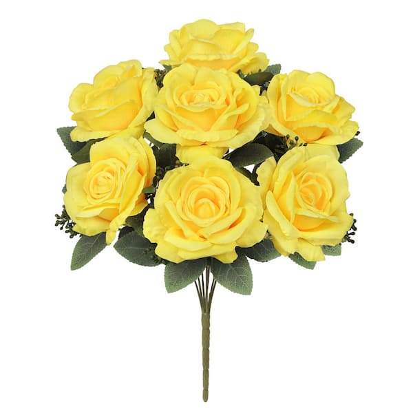 LIVING LUXURY 17 in. Deluxe Yellow Artificial Elegant Rose Flower Stem Bush Bouquet (Set of 2)