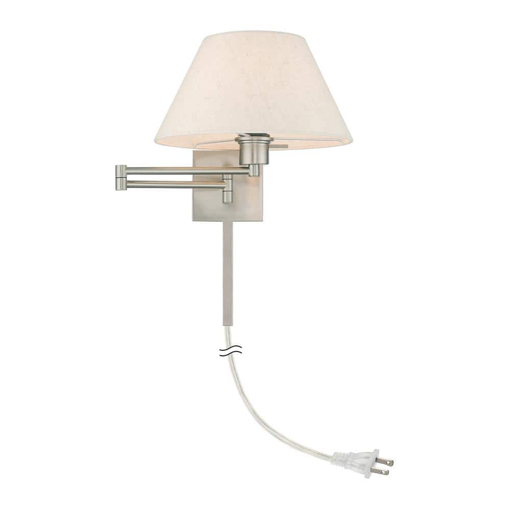 Brushed Nickel Swing Arm Wall Light with Oatmeal Fabric Shade