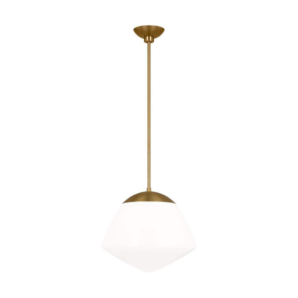Burnished Brass and Milk Glass Schoolhouse Pendant Light