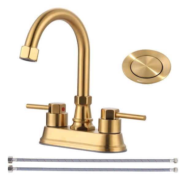 VEVETTA 4 in. Centerset Double Handle High Arc Bathroom Faucet with Drain Kit and Water Inlet Pipes Included in Brushed Gold