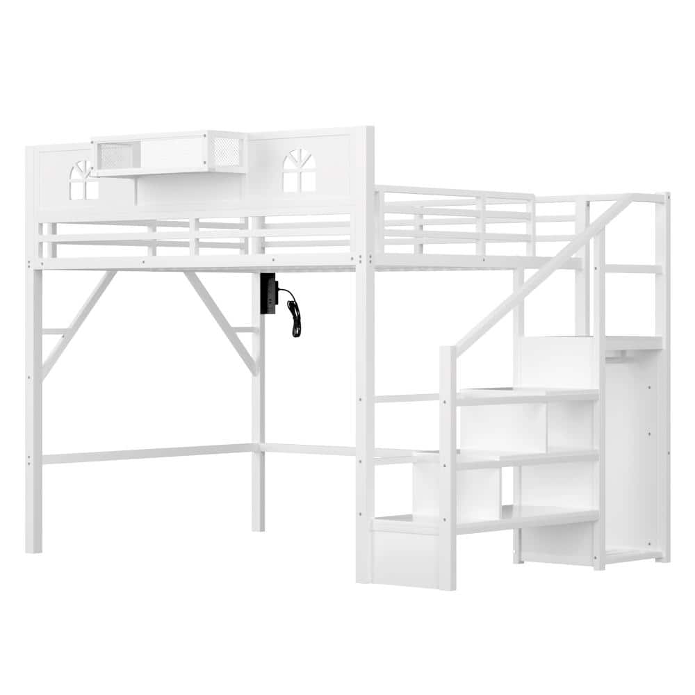White Queen Metal Loft Bed with House-Shaped Guardrails, Stairs, Wardrobe and USB Charging Station price history on PriceWatchPro