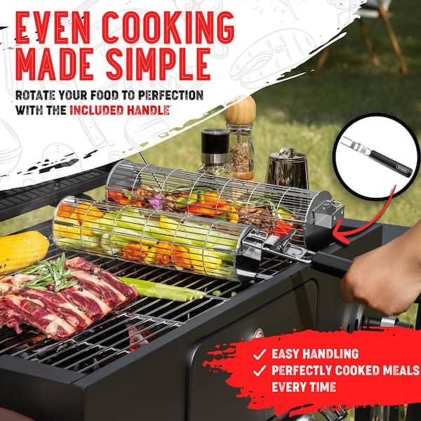 Rolling Grill Basket (2-Piece Set) - Stainless Steel BBQ Grill Mesh for Vegetables and Meat