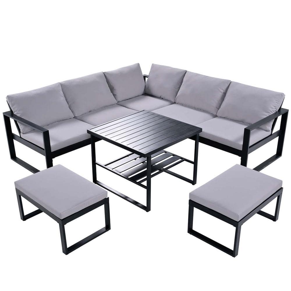 Tunearary Black Metal Outdoor Sectional Sofa Set with Dark Gray Cushion