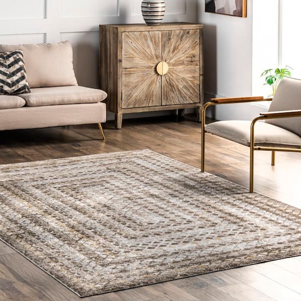 Carley Machine Washable Geometric Beige Doormat 3 ft. 3 in. x 5 ft. Accent Rug