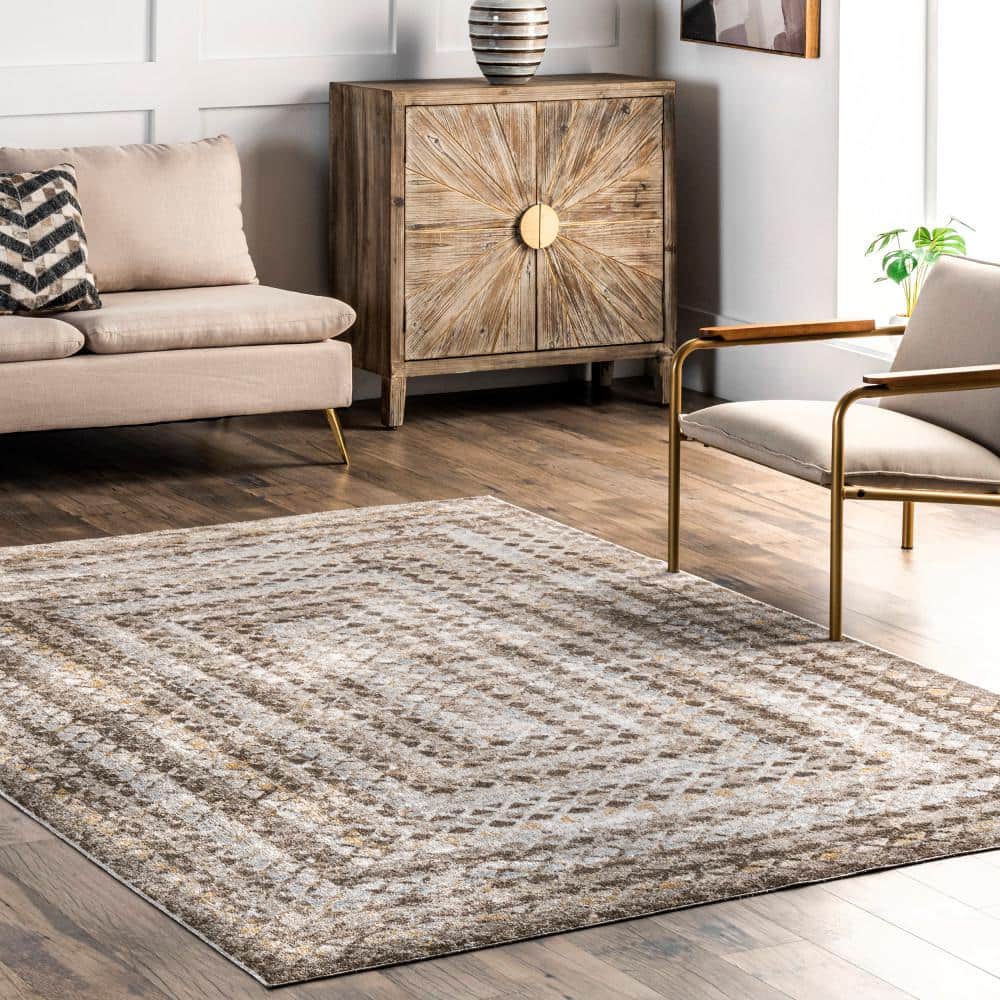 Beige and Ivory Geometric 4' x 6' Washable Synthetic Area Rug