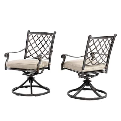 Cast Aluminum Outdoor Diagonal-Mesh Backrest Swivel Dining Chairs with Beige Cushions (Set of 2)