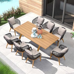 Teak-Finish 9-Piece Wicker Aluminum Frame Rectangular Table Outdoor Dining Set and Pillows with Beige Cushions