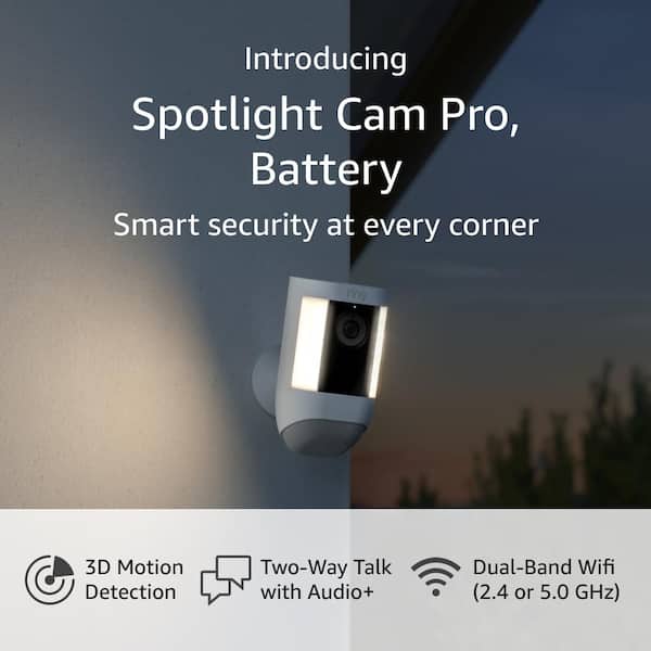 Ring Spotlight Cam Pro, Battery - Smart Security Video Camera with LED  Lights, Dual Band Wifi, 3D Motion Detection, White B09DRX62ZV - The Home  Depot