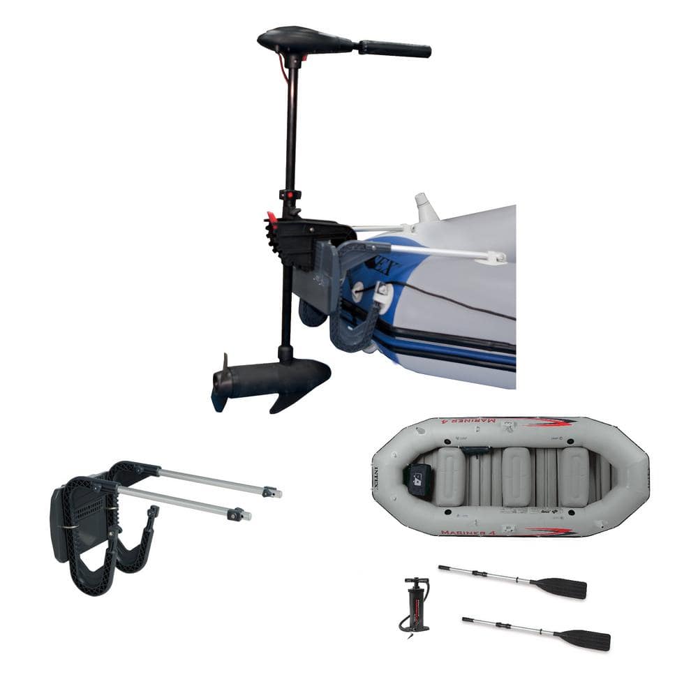 Intex 12 Volt 8 Speed Trolling Motor, Mount Kit and 4-Person Boat and Oars Set