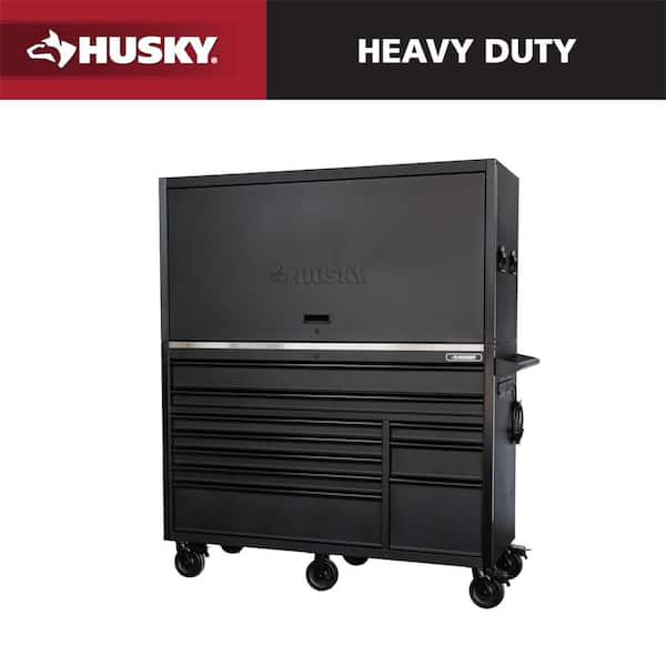 62 in. W x 24 in. D Heavy-Duty 10-Drawer Mobile Workbench with Stainless Steel Work Top Combo Hutch in Matte Black