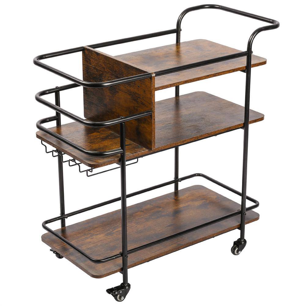 Tileon 3-Tier Antique Brown Wood Kitchen Cart, Mobile Bar Serving Cart with Stemware Glass Holder, and Lockable Wheels