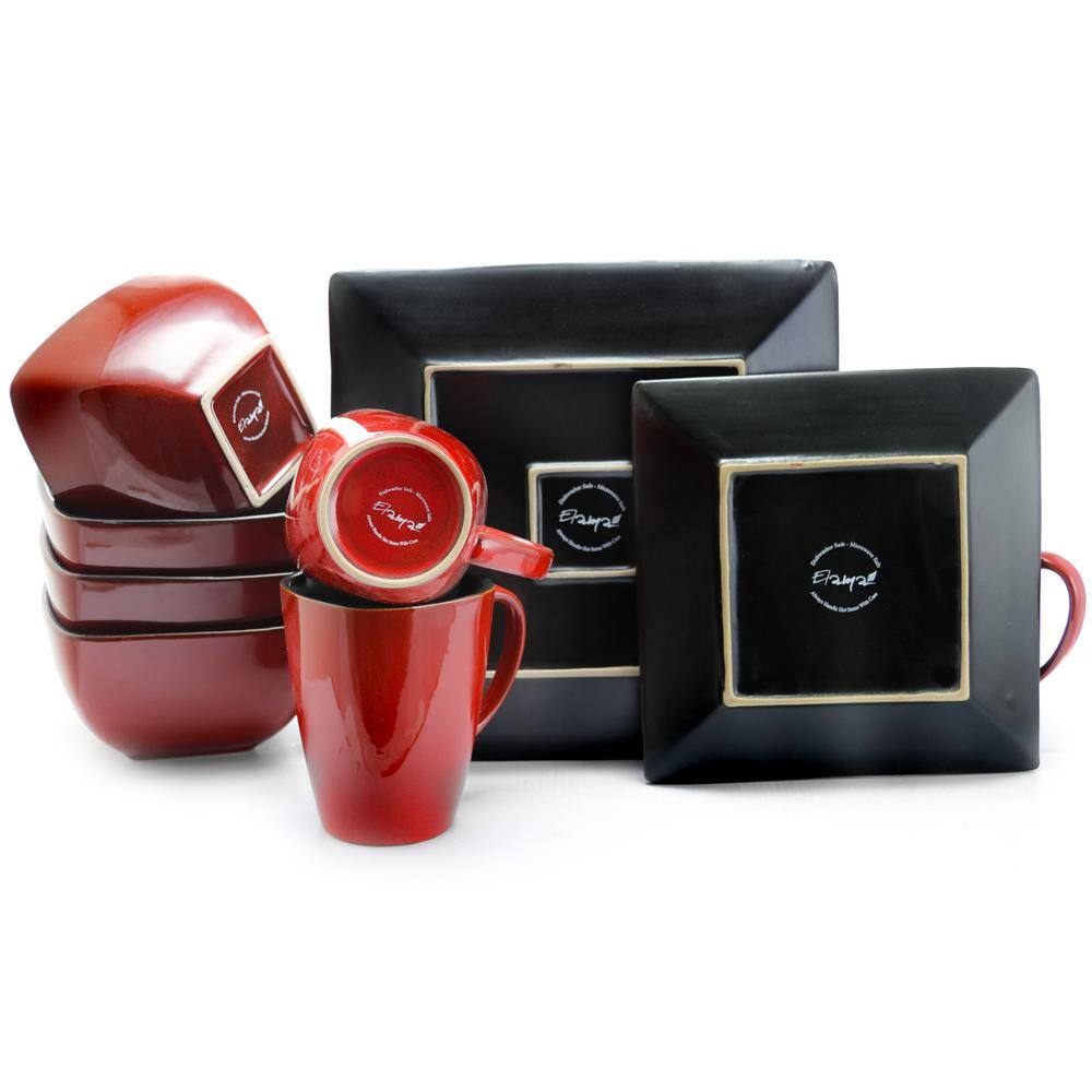 Red and Black Square Ceramic Dinnerware Set, Service for 4