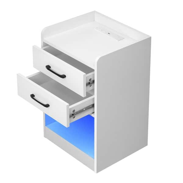 URTR 2-Drawer White Nightstand USB Charging Ports Wireless Charging Cabinet LED Light (14.5 in. W x 13.8 in. D x 25.2 in. H)