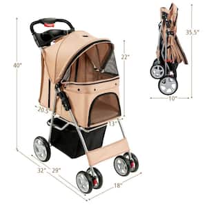 Foldable Pet Carrier 4-Wheel Pet Stroller in Beige with Adjustable Canopy and Storage Basket