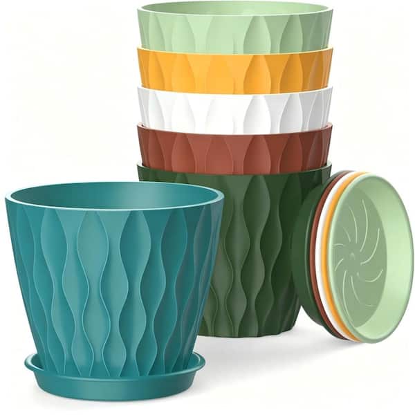 4 Inch Plant Pots with Drainage Holes and Trays, Modern Colorful Plastic Planters, 6 Pack