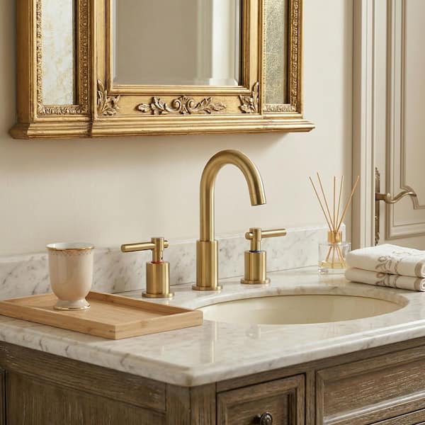 2-Handle Bathroom Faucet Widespread Bathroom Sink Faucet with Pop-up Drain 3 Hole Installation in Brushed Gold