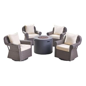 Oliver Dark Brown 5-Piece Faux Rattan Outdoor Patio Fire Pit Conversation Set with Beige Cushions