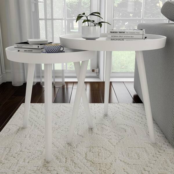 Lavish Home Wooden Nesting Round Tray, White End Tables Living Room Set Of 2