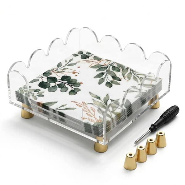 7.3 in. Square Clear Acrylic Scalloped Napkin Holder with Gold Metal Feet for Dining Table Kitchen Decor