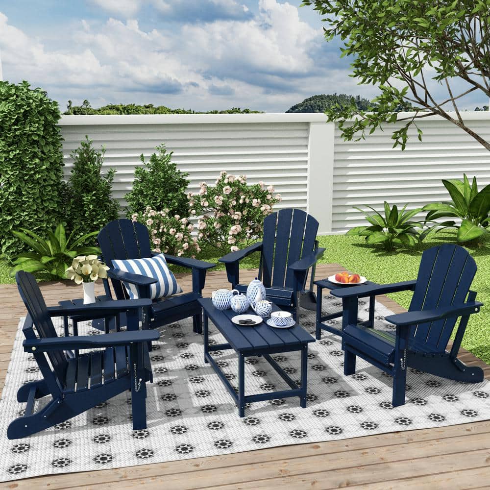 Navy Blue HDPE Plastic 7-Piece Adirondack Chair and Table Set