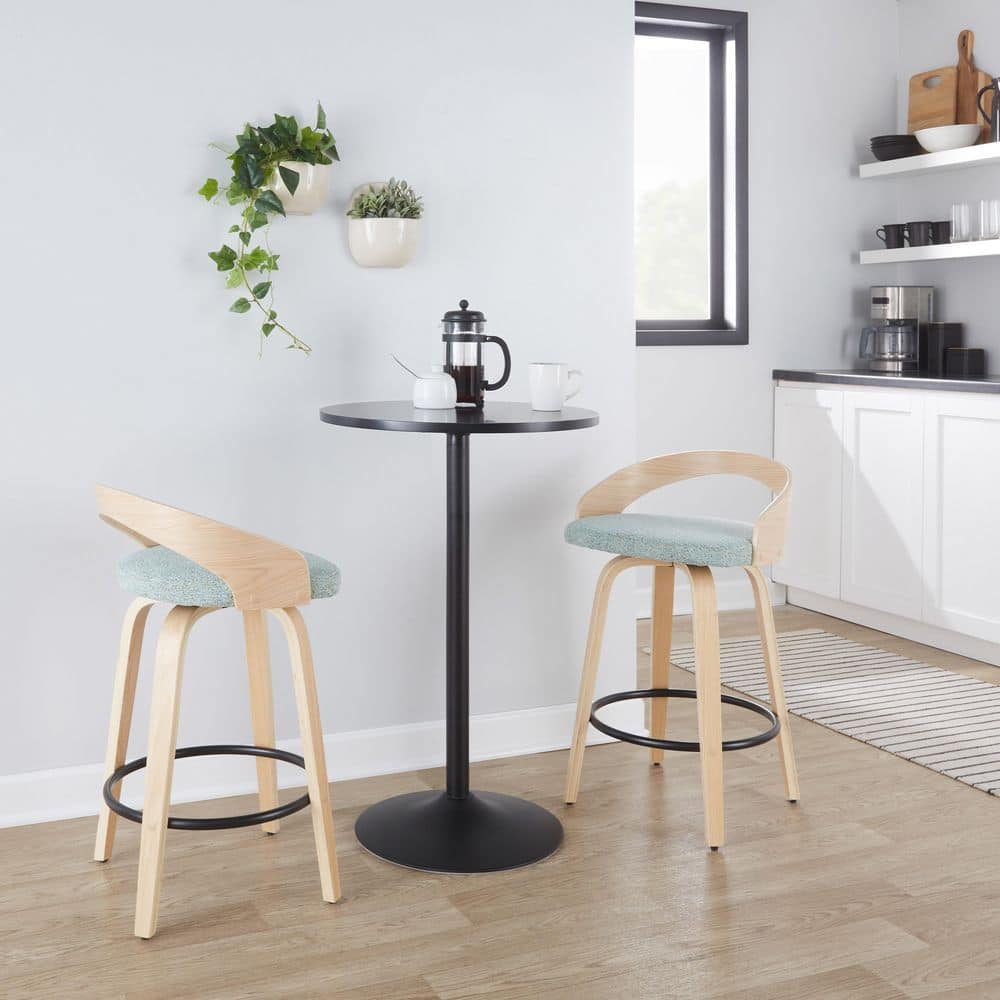 Set of 2 Green Swivel Counter Stools with Wood Legs