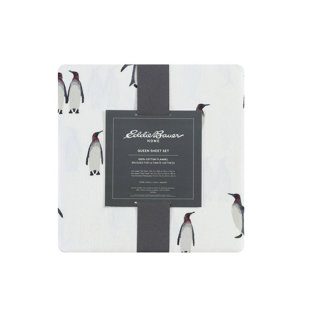 Full Gray Cotton Flannel Sheet Set with Penguin Pattern