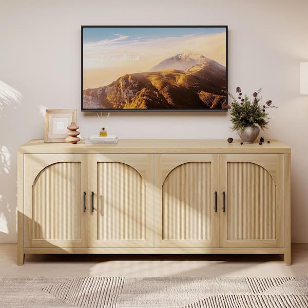 70 in. Modern Coastal Oak TV Stand Entertainment Center Fits TVs Up to 75 in. with 4-Arched Reeded Doors