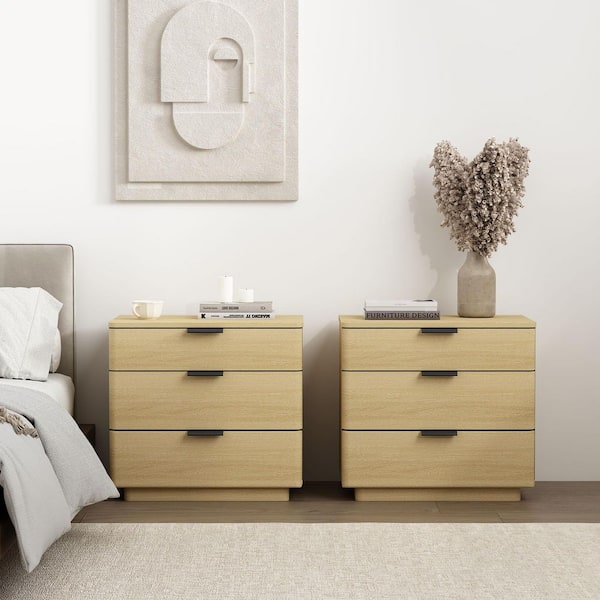 Payton Modern Natural Oak 3-Drawer 26 in. W Nightstand with Black Handles (Set of 2)
