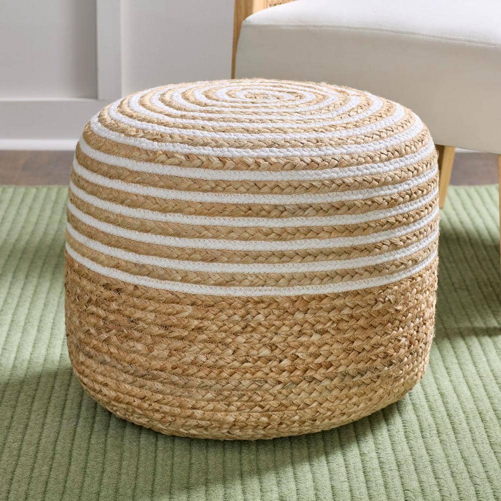 Braided Natural and White Jute Round Pouf Ottoman with Cotton Details