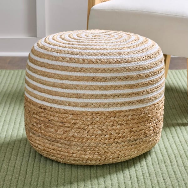 Home Decorators Collection Braided Natural And White Jute Round Pouf ...