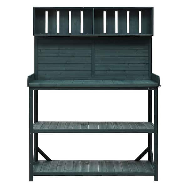 Tenleaf 46.9 in. W x 65 in. H Dark Green Wood Outdoor Garden Potting Bench Table with 4 Storage Shelves and Side Hook