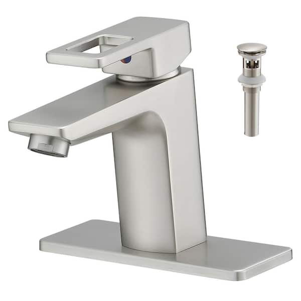 Fapully Single Handle Single Hole Bathroom Faucet w/ Deckplate and Drain Included Lever Handle Bathroom Faucet in Brushed Nickel