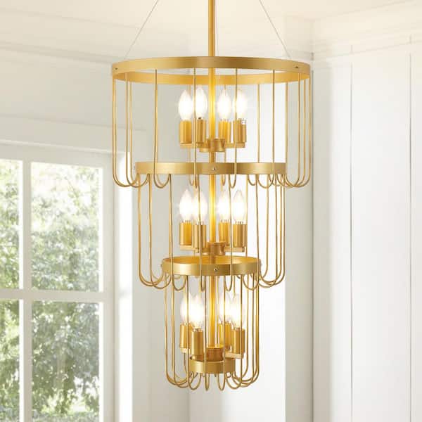 3-Tier 12-Light Modern Gold Round Chandelier with E12 Bulb（No Bulbs Included)