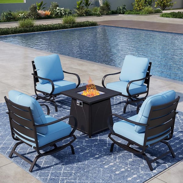 PHI VILLA 4 Seat 5-Piece Metal Outdoor Fire Pit Patio Set with Blue Cushions, Rocking Chairs and Square Fire Pit Table