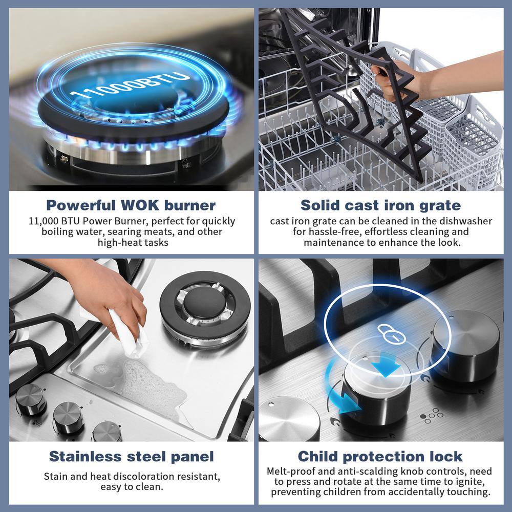 30-Inch Stainless Steel 5-Burner Gas Cooktop with Cast Iron Grates