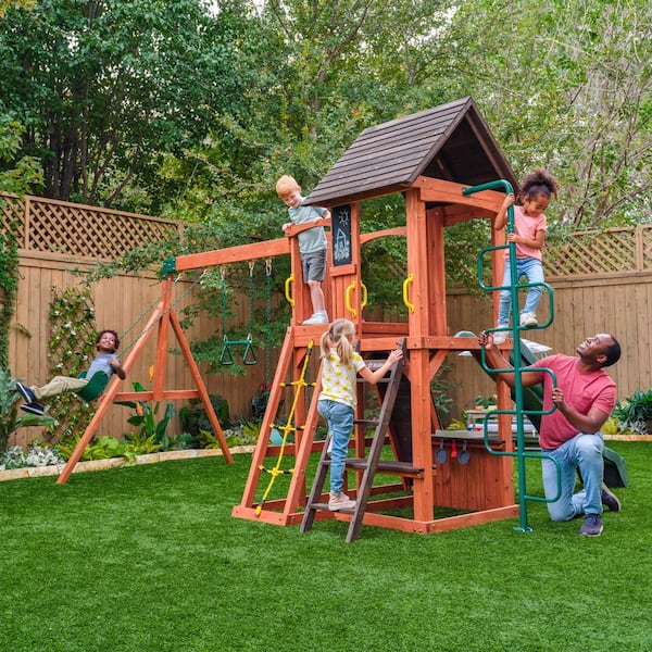 DIY Raptor Trail Wood Outdoor Playground Set with Play Kitchen, Wave Slide, and Playground Equipment