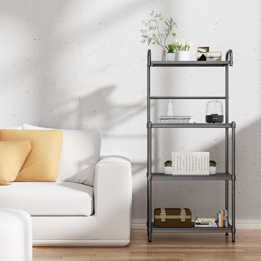 Adjustable 4-Tier Black Iron Microwave Oven Stand with Wire Shelves
