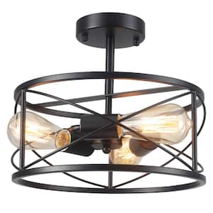 12.6 in. 3-Light Black Semi Flush Mount Ceiling Light Fixture with Metal Cage and No Bulbs Included